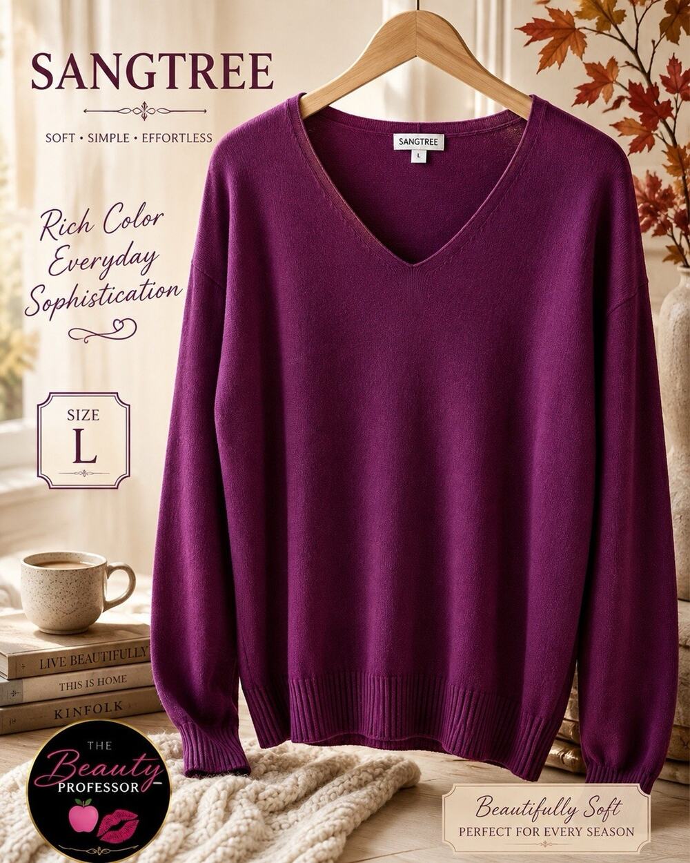 💞 SANGTREE Womens L Plum Purple V Neck Sweater Soft Knit Long Sleeve Pullover